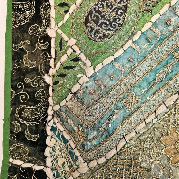 Patchwork Beaded Sari Floor Pillow/Cushion Cover Pair 26" Sq Green Multi Vintage - Picture 8 of 10